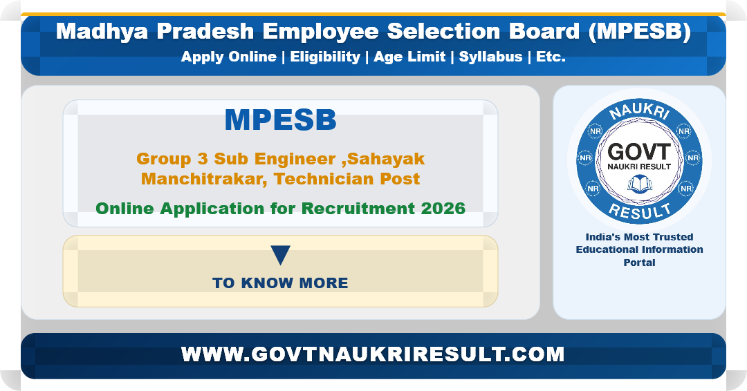 MPESB Group 3 Sub Engineer ,Sahayak Manchitrakar, Technician and Other Equivalent Combined Recruitment Test 2026 Online Form for 1700 Post