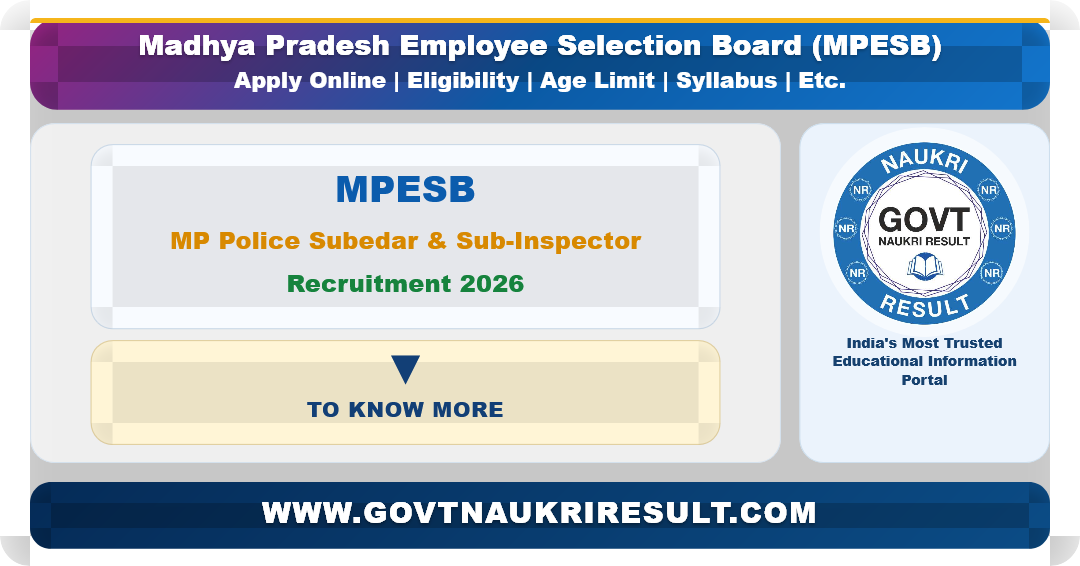 MPESB MP police Subedar & Sub-Inspector Recruitment Test For Police H.Q., Home (Police) Recruitment 2026 : Apply Online Form for 507 Post